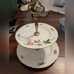 Vintage Christineholm Porcelain Rose 2 Tier Tray/Plate Cookies Hors D’oeuvres PO